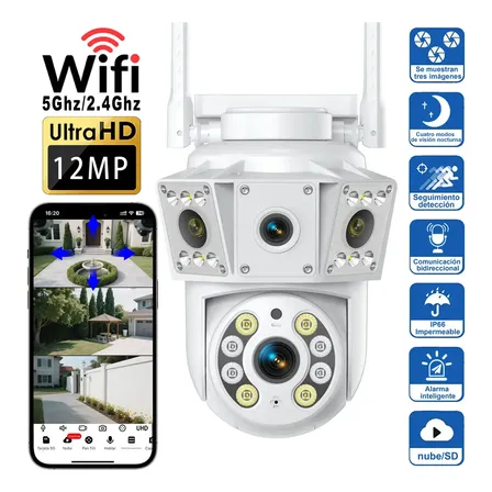 Cámara De Seguridad Exterior WiFi MVPSMART DQ8 Pro 12MP PTZ 360 Cámara De Vigilancia WiFi 5G Gran Angular 3 Vistas Full HD 10X Zoom Visión Nocturna Color IA Alarma Audio 2 Vías IP66 Nube Cámara IP DVR