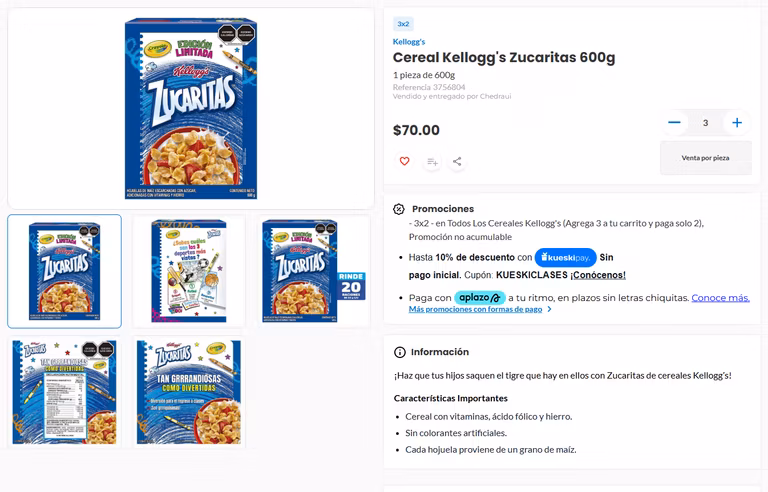 Chedraui: Cereal Kellogg's Zucaritas 600g 3x2 | $47 c/u