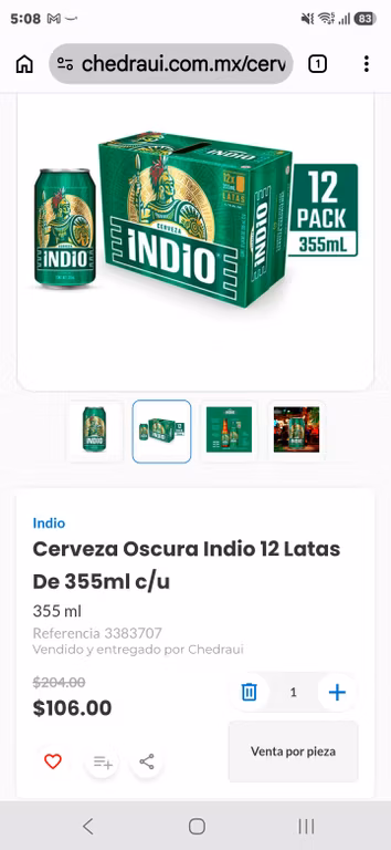 Chedraui: Cerveza Oscura Indio 12 Latas De 355ml c/u