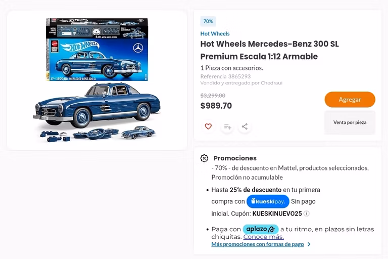 Chedraui: Hot Wheels Mercedes-Benz 300 SL Premium Escala 1:12 Armable