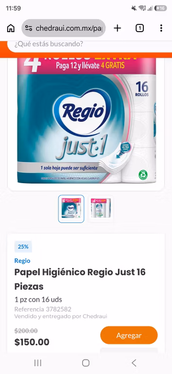 Chedraui: Papel higiénico just one 16 rollos