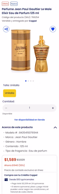 Coppel: Espetacular. Jean paul gaultier le male elixir edp