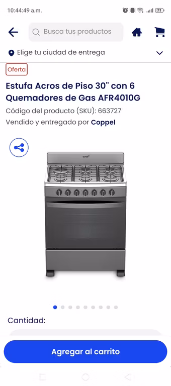 Coppel: Estufa Acros de Piso 30" con 6 Quemadores de Gas AFR4010G