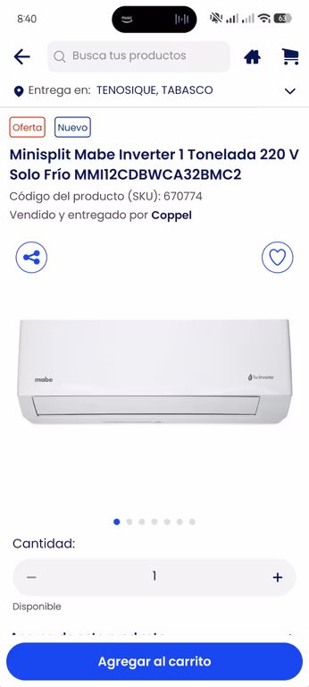 Coppel: Minisplit Mabe Inverter 1 ton 220v 21 SEERS