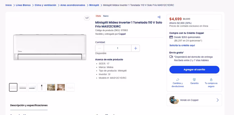 Coppel: Minisplit Midea Inverter 1 Tonelada 110 V Solo Frío MAS12C1EIRC