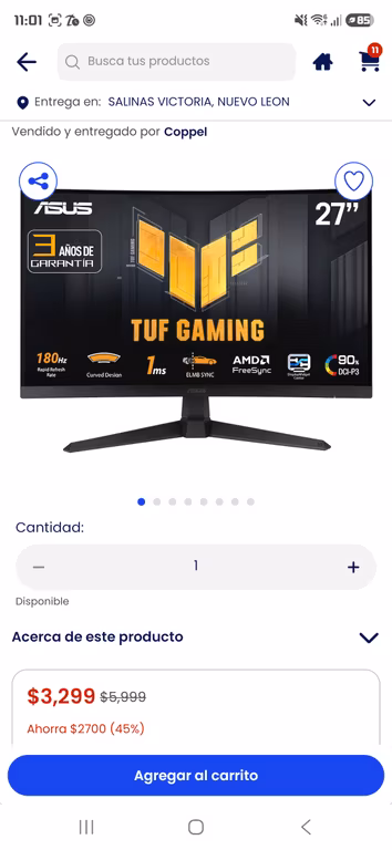 Coppel: Monitor Gamer Asus TUF VG27VQ3B 27 Pulgadas FHD 180 Hz