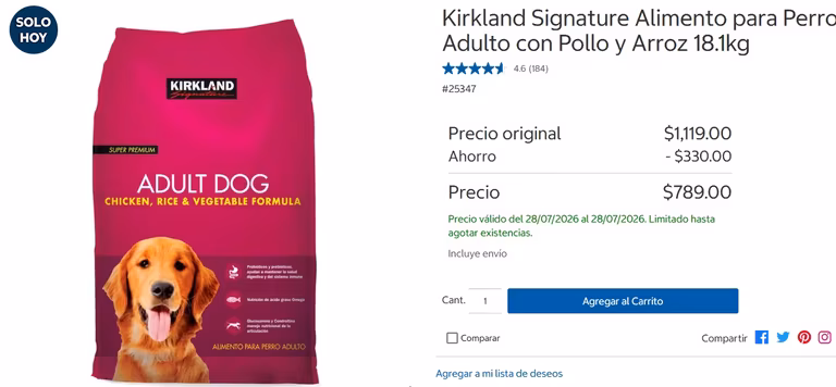 Costco: Kirkland Signature Alimento para Perro Adulto con Pollo y Arroz 18.1kg -30%