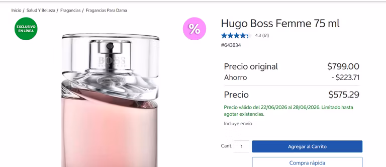 Costco en linea: Hugo Boss Femme 75 ml