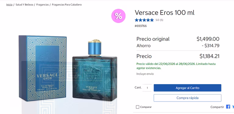 Costco en linea: Versace Eros 100 ml