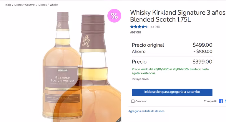 Costco en linea: Whisky Kirkland Signature 3 años Blended Scotch 1.75L