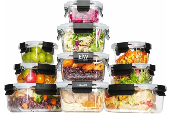 EasyWare JUEGO DE RECIPIENTES DE VIDRIO HERMÉTICO, CONTENEDORES Para Alimentos con Tapas Cierre Fácil, Refractarios para Coci