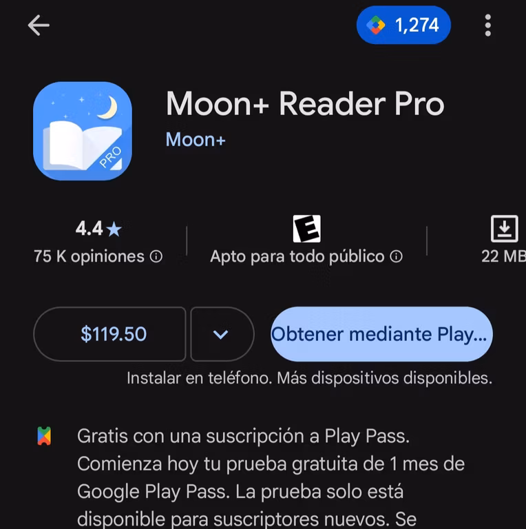Google Play: Moon Reader a $104 (Con -50% y cupón de $-15)
