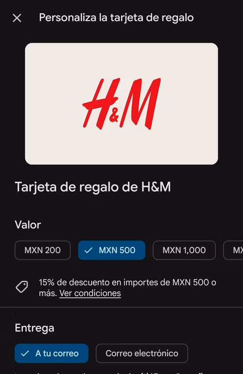 H&M: 15% de descuento en tarjeta de regalo desde Google Play a partir de $500