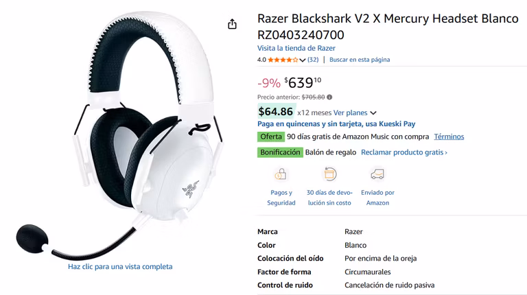 Headset Razer Blackshark V2 Xt Blanco en Amazon