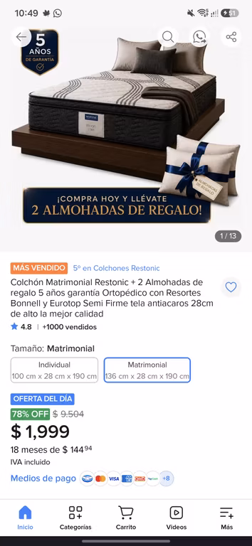 Mercado libre : 78% de descuento en Colchón Matrimonial Restonic + 2 almohadas gratis