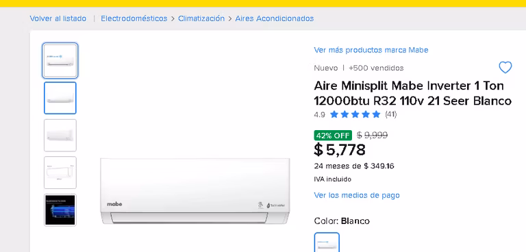 Mercado Libre: Aire Minisplit Mabe Inverter 1 Ton 12000btu R32 110v 21 Seer Blanco