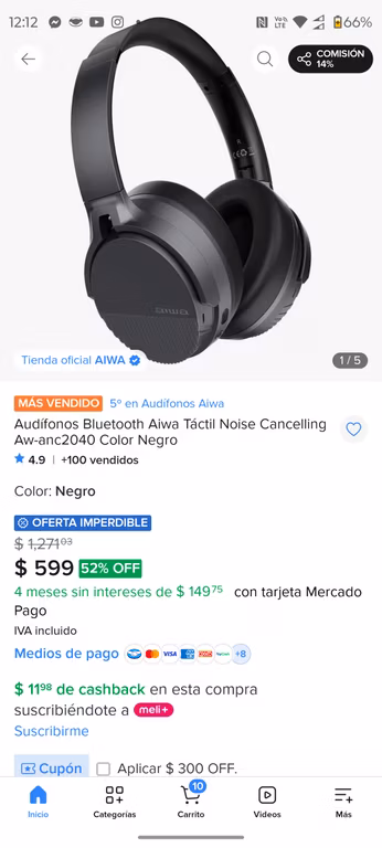 Mercado libre Audífonos Bluetooth Aiwa Táctil Noise Cancelling Aw-anc2040 Color Negro