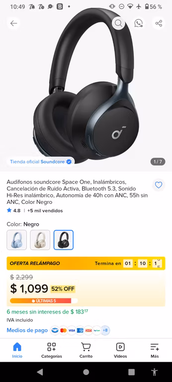 Mercado Libre: Audífonos soundcore Inalámbricos, Cancelación de Ruido Activa, Bluetooth 5.3, Sonido Autonomía de 40h Color Negro