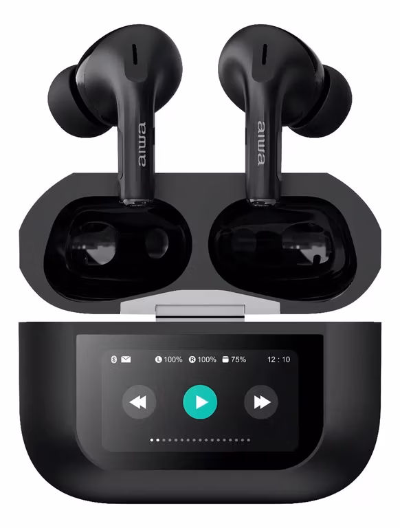 Mercado libre: Auriculares In-ear Inalámbricos Aiwa Awtwsgprob Con Cancelación De Ruido, 4.5h de reproduccion continuaa y 30h con el estuche