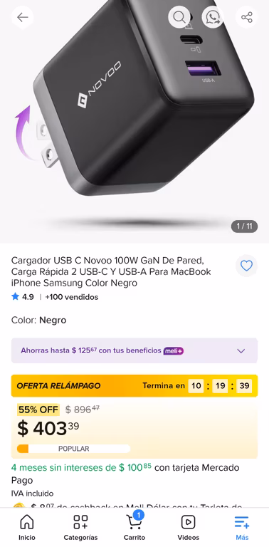 Mercado libre: Caraador USB C Novoo 100W GaN De Pared. Caraa Rápida 2 USB-C Y USB-A Para MacBook iPhone Samsung Color Negra