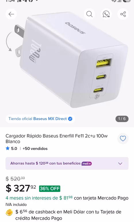 Mercado Libre: Cargador Baseus Enerfill Fe11 100w