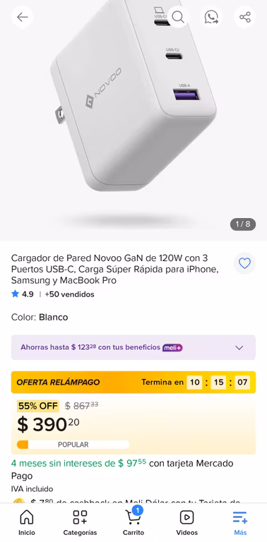 Mercado libre: Cargador de Pared Novoo GaN de 120W con 3 Puertos USB-C, Carga Súper Rápida para iPhone, Samsung y MacBook Pro