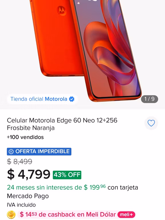 Mercado Libre: Celular Motorola Edge 60 Neo | 12GB + 256GB | Frosbite / Latte | con AMEX