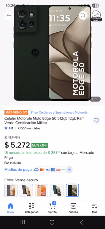 Mercado Libre: Celular Motorola Moto Edge 50 512gb 12gb Ram Verde Certificación Militar