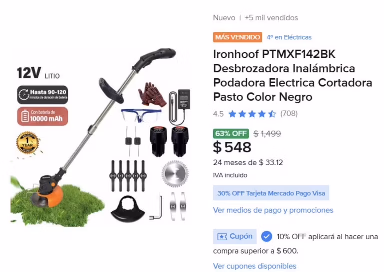 Mercado Libre: Desbrozadora Ironhof PTMXF142BK 63% OFF $548