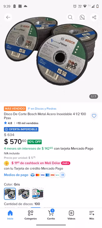 Mercado libre: discos de corte 4 1/2 Bosch 100 pzas