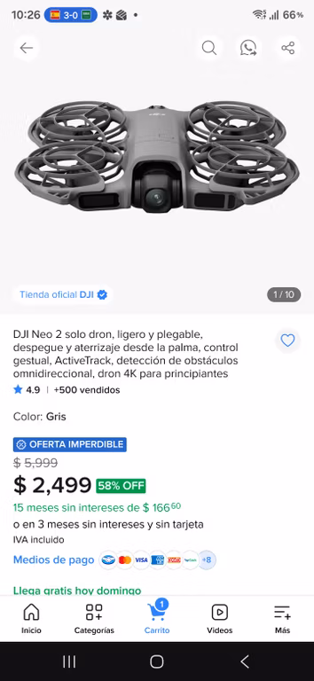 Mercado Libre: Dron DJI Neo 2 $2,499 a 12 MSI - SOLO DRON