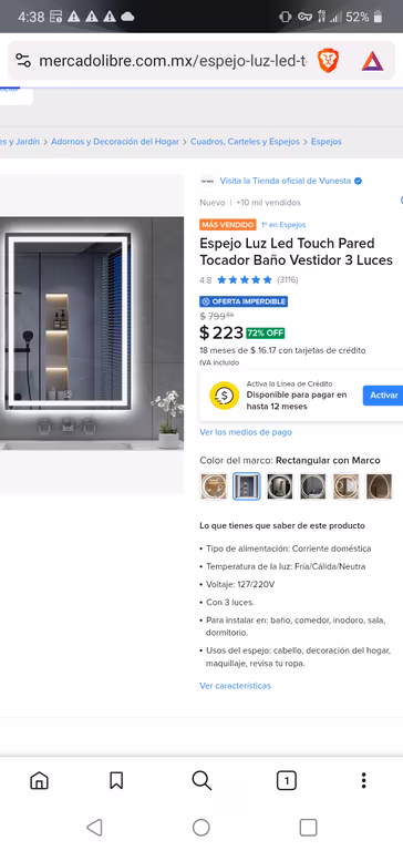 Mercado Libre: Espejo led touch pared baño 3 luces