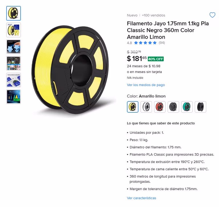 Mercado Libre: Filamento Jayo Pla Amarillo Limon 1.1kg