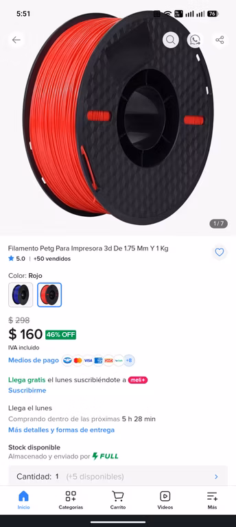 Mercado Libre: Filamento para impresora 3D PETG 1KG