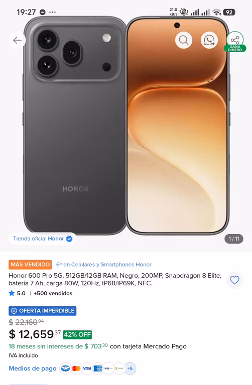 Mercado Libre: Honor 600 Pro 5g Dual Sim 512gb 12gb Ram.