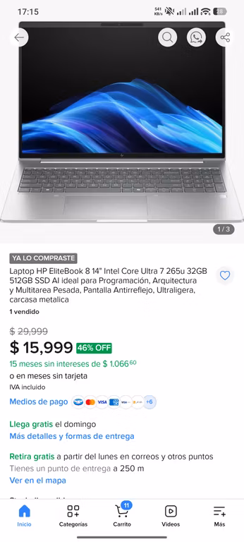Mercado Libre: Laptop HP EliteBook 8 G1i 14 pulgadas, Intel Ultra I7 265U - 32GB RAM DDR5