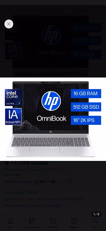 Mercado Libre: Laptop HP OmniBook 5 AI 16-af1072la Intel Core Ultra 7 16GB RAM 512GB SSD