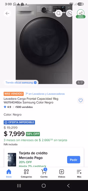 Mercado Libre: Lavadora carga frontal 11 kg, Samsung color negro