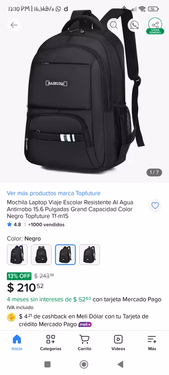 Mercado Libre: Mochila laptop viaje escolar resistente al agua y antirrobo de 15.6 pulgadas