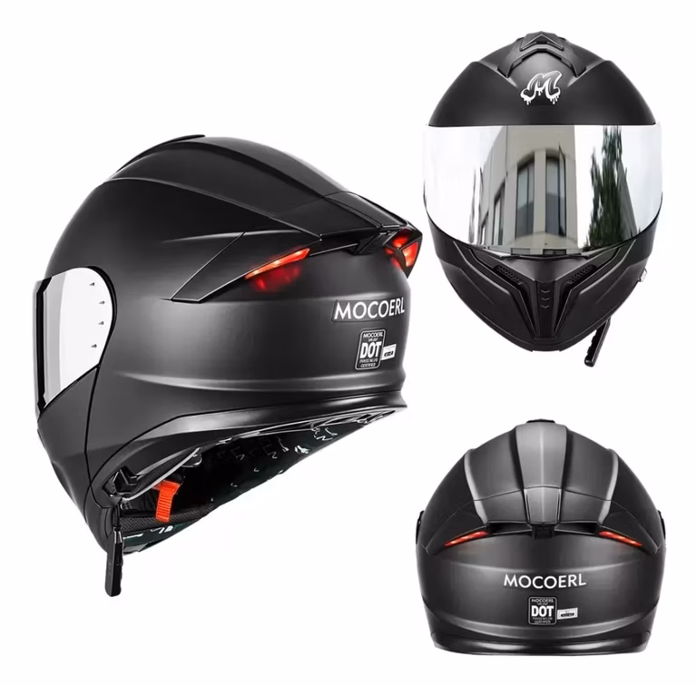 Mercado Libre: MOCOERL Casco Abatible Negro con Luz Led y Bluetooth, Mica Plata, Certificación DOT, Tamaños S, M, L y XL