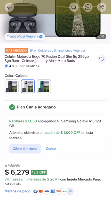 Mercado Libre: Motorola Edge 70 Fusion 256 GB, con Moto Buds | Canje + Cupón 10% con Meses sin tarjeta