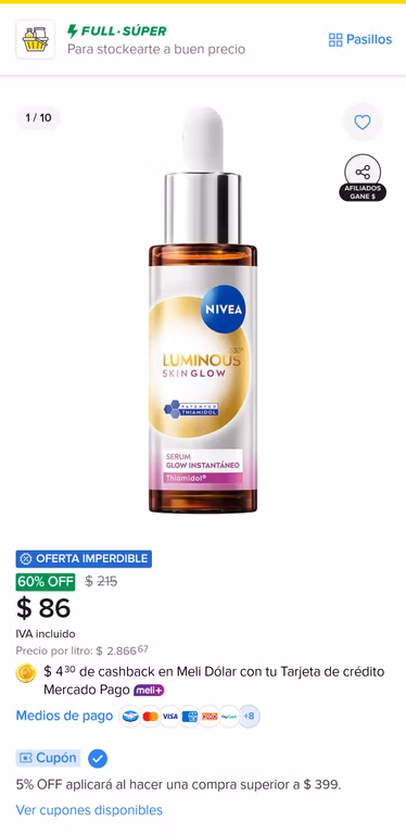 Mercado Libre: Nivea Serum Skin Glow Instantáneo 30ml a $81.7p