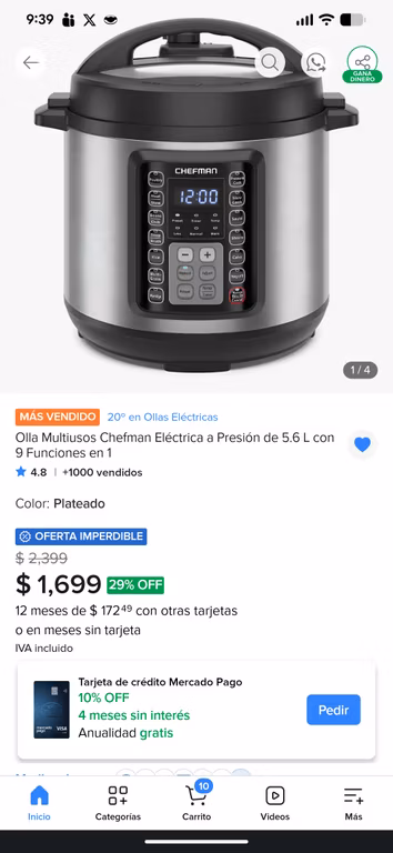 Mercado Libre: Olla Multifunción Chefman (29% OFF)