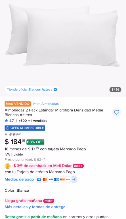 Mercado Libre: Pack 2 almohadas