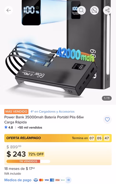 Mercado Libre: Power Bank 35000mah Batería Portátil Pila 66w Carga Rápida