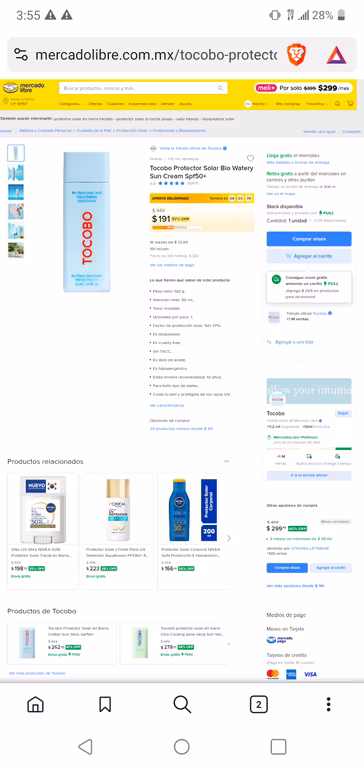 Mercado Libre: Protector Solar Bio Watery Sun Cream Spf50+
