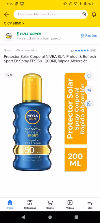 Mercado Libre: Protector solar Nivea sun 200 ml