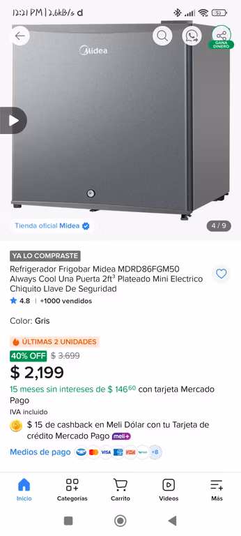 Mercado libre: Refrigerador Frigobar Midea MDRD86FGM50