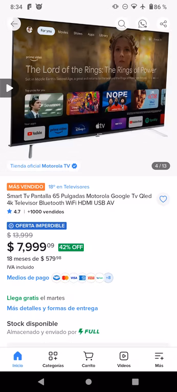 Mercado Libre: Smart tv 65 pulgadas motorola Google tv