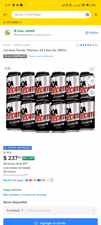 Mercado Libre: TECATE TITANIUM ML (por si no alcanzaron las de Amazon)